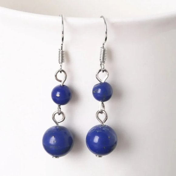 Lapis Lazuli Natural Stone Gemstone Round Beaded Healing Dangle Earrings - Picture 2 of 2